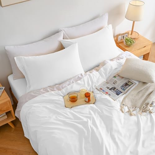 Yibeizi Full Size Bed Sheets Set, White Cooling Hypoallergenic Microfiber Double Bed Sheets, Soft Oeko-Tex Extra Deep Pocket Sheets & Pillowcases Wrinkle Free Bedsheets Yibeizi
