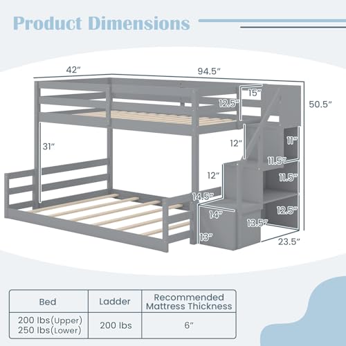 Giantex Twin Over Full Bunk Bed with Stairs, Solid Wood Floor Bunk Bed with Storage Staircase & Full-Length Guardrails, Low Bunk Bed with for Kids, Teens, Adults, Dorm, Small Space, Grey Giantex