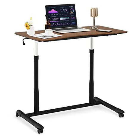 COSTWAY Mobile Height Adjustable Standing Desk, Compact Pneumatic Sit to Stand Computer Desk w/Lockable Casters, Ergonomic Rolling Laptop Table w/Steel Frame for Home Office (Espresso) COSTWAY
