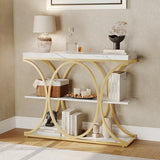 Garvee 39" Narrow Console Tables for Entryway, Industrial 3-Tier Sofa Table with Round Metal Base and Storage Shelves for Living Room, Hallway, Foyer, Gold and White Marble Garvee