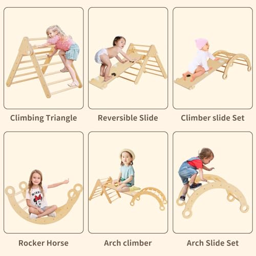 Asweets Pikler Triangle Set, 5 in 1 Foldable Montessori Climbing Set with Ramp, Baby Climbing Toys for Indoor Playground, Jungle Gym for Kids with Arch Climber, Rocker, Suitable for Toddlers