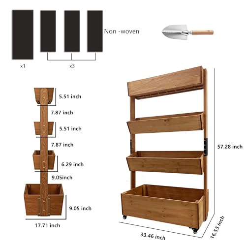 ScienGarden Wooden Raised Garden Bed, Vertical 4 Tiers Wood Planter Box with Wheels for Outdoor Indoor Balcony, Herb Garden Gardening Vegetables