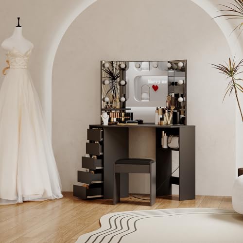 MilleLoom Corner Vanity Desk with Mirror and Led Lights - Makeup Table with 5 Drawers, Shelves, and Vanity Stool - Perfect for Bedroom or Bathroom, Black MilleLoom
