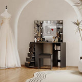 MilleLoom Corner Vanity Desk with Mirror and Led Lights - Makeup Table with 5 Drawers, Shelves, and Vanity Stool - Perfect for Bedroom or Bathroom, Black MilleLoom