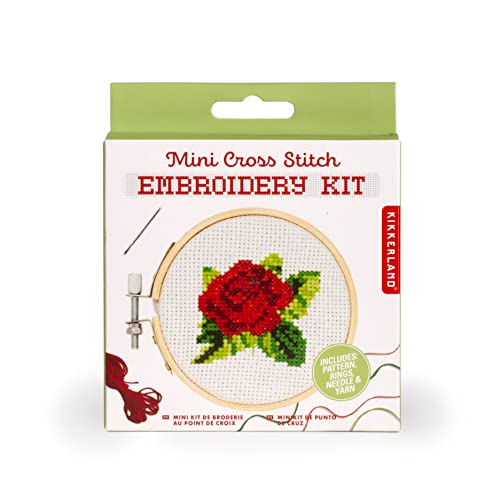 Kikkerland DIY Mini Cross Stitch Rose Embroidery Craft Starter Kit Set, with Pattern Instructions, 3" Bamboo Hoop, Stress Relief, Adult Beginner Friendly