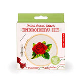 Kikkerland DIY Mini Cross Stitch Rose Embroidery Craft Starter Kit Set, with Pattern Instructions, 3" Bamboo Hoop, Stress Relief, Adult Beginner Friendly