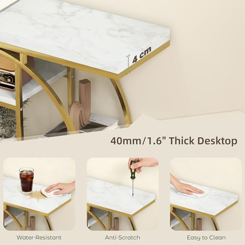 HOMCOM Entryway Table, 39.4" Console Sofa Table with Storage Shelves and Circle Steel Frame, Narrow Wood Accent Tables for Entrance, Hallway, Foyer, Living Room, White Marble Effect HOMCOM
