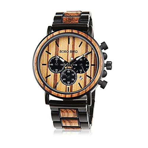 BOBO BIRD Wooden Mens Watches Large Size Stylish Wood & Stainless Steel Combined Chronograph Military Quartz Watch (Balck Wood Band) BOBO BIRD