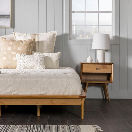 Mid Century Modern Caramel Solid Wood Platform Bed Frame with Headboard and Footboard, King Size Walker Edison