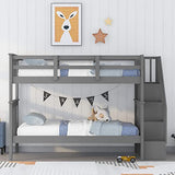 Harper & Bright Designs Twin Over Twin Bunk Bed with Storage Staircase, Wood Bunk Bed with Full-Length Fence Kids, Teens & Adults, Convertible Bunk Beds, Gray Harper & Bright Designs