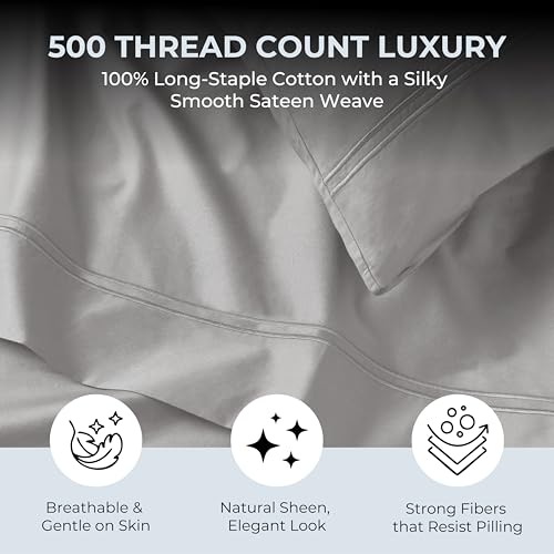 Mayil Manor 100% Natural Cotton Bed Sheets | 500 TC Single-Ply Sateen Weave Cal King Sheet Set | Breathable & Hypoallergenic Solid 4-Piece Bedding with Deep Pocket Fitted, Flat, Pillowcase | Grey Mayil Manor