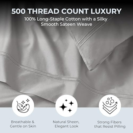 Mayil Manor 100% Natural Cotton Bed Sheets | 500 TC Single-Ply Sateen Weave Cal King Sheet Set | Breathable & Hypoallergenic Solid 4-Piece Bedding with Deep Pocket Fitted, Flat, Pillowcase | Grey Mayil Manor