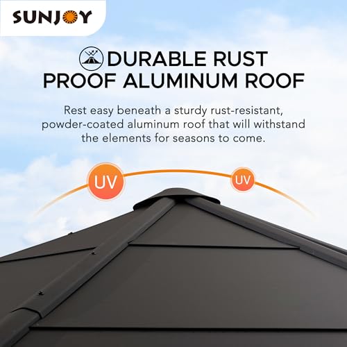 Sunjoy 15 x 15 ft. Octagon Hardtop Gazebo Black Aluminum Roof Gazebo with Metal Ceiling Hook Sunjoy