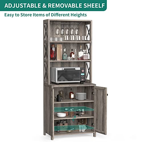 DWVO 67" Tall Wine Bar Cabinet for Liquor and Glasses, Farmhouse Kitchen Cabinet Coffee Bar with Adjustable Shelves, Open Storage Shelves, Buffet Kitchen Cabinet for Dinning Room, Kitchen, Grey Wash DWVO