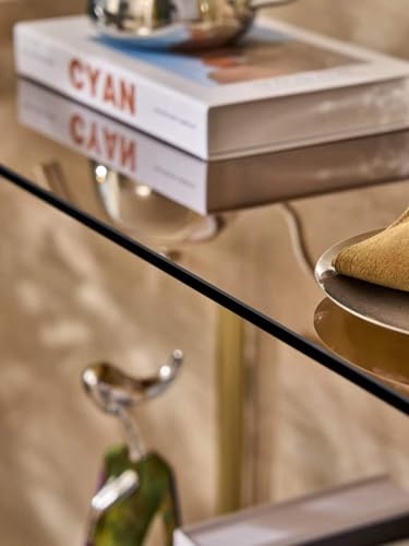 Glass Console Table for Living Room, Foyer & Entrance, 2-Tiers Mid-Century Modern Sofa Table with Amber Glass Top, 41" D x 14" W x 31.5" H, Walnut Finish Wood Shelf and Gold Finish Frame Shrine