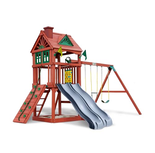 Gorilla Playsets 01-0036-GREY Double Down II Wood Swing Set with Wood Roof, Two Slides, Two Swings, Sandbox Area, Rock Wall, Redwood Color Gorilla Playsets