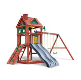 Gorilla Playsets 01-0036-GREY Double Down II Wood Swing Set with Wood Roof, Two Slides, Two Swings, Sandbox Area, Rock Wall, Redwood Color Gorilla Playsets