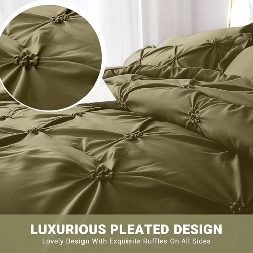 JOLLYVOGUE Olive Green Queen Size Comforter Sets 7 Pieces, Pintuck Bed in a Bag Comforter Set for Bedroom, Bedding Comforter Sets with Comforter, Sheets, Ruffled Shams & Pillowcases JOLLYVOGUE