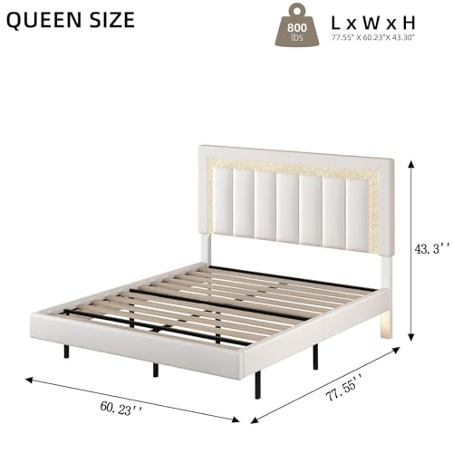 HOMBCK Floating Bed Frame Queen with Smart LED Lights, Faux Leather Upholstered Bed with Diamond PU Headboard, No Box Spring Needed, Noise-Free, Easy Assembly, White HOMBCK