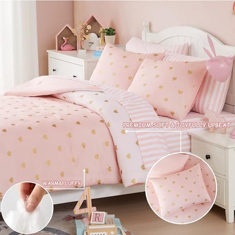 Wink Deer Twin Comforter Set with Sheets for Girls-5 Pieces Twin Bedding Sets with Pink Comforter, Sheets, Pillowcase & Sham for Kids (Pink Gold Heart, 66" X 86") Wink Deer