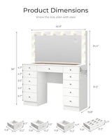 Otterease White Makeup Vanity, 11 Drawers Vanity with Mirror and 12 LED Lights, Makeup Vanity Desk with 3 Lighting Modes Adjustable Brightness, Vanity with Glass Top for Bedroom Otterease