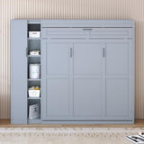 Merax Queen Size Murphy Bed with Wardrobe, Murphy Bed Cabinet Queen with Storage Shelves and LED Lights, No Box Spring Needed, Gray Merax