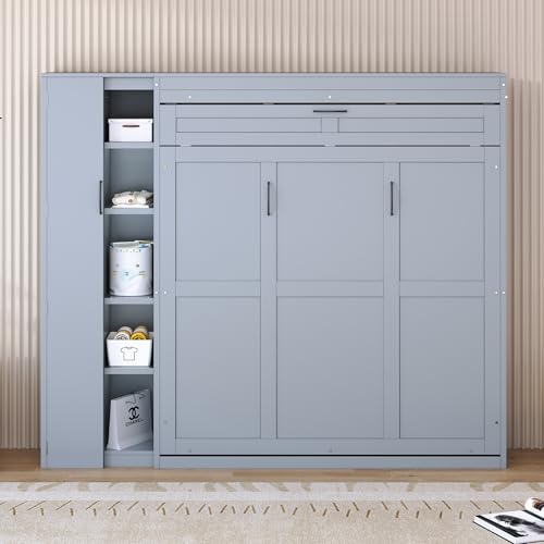 Harper & Bright Designs Queen Size Murphy Bed Wall Bed with Storage Shelves, Wardrobe and LED Lights, Space-Saving for Multipurpose Guest Room or Home Office, Gray Harper & Bright Designs