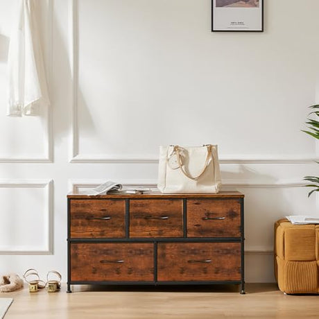 OLIXIS 5 Drawer Dresser Nightstand Classic Rust Brown, Wooden Top Metal Frame Fabric Storage Organizer for Bedroom Living Room Entryway, Wide TV Stand Closet Chest Furniture OLIXIS