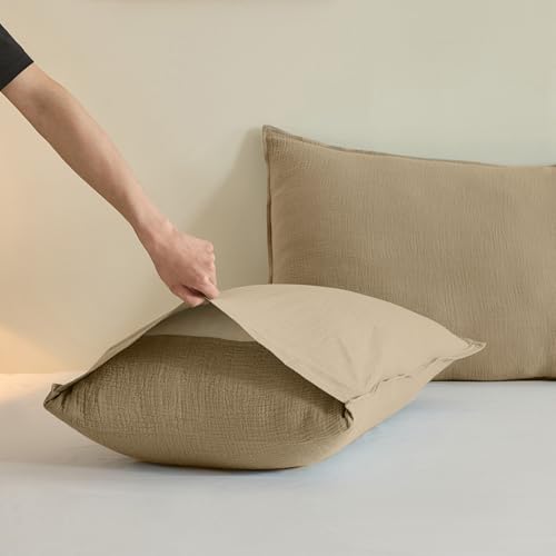 Simple&Opulence Linen Muslin Duvet Cover Set California King, 3Pcs Camel Linen Cotton 3-Layer Gauze Minimalist Comforter Cover 104”x98”, Ultra Soft Breathable Seersucker Bedding Set with 2 Pillowcases Simple&Opulence