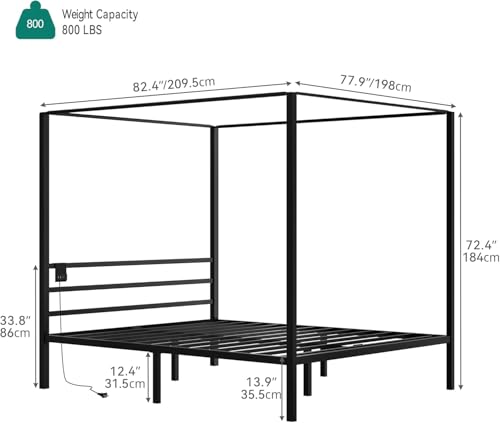 YITAHOME Canopy Bed Frame, Four Poster Platform Bed with USB Charging Station, Metal Bed Frame with Slats Support, 12.4 inch Underbed Storage, No Box Spring Needed, Black, King Size