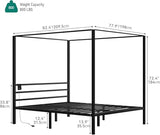 YITAHOME Canopy Bed Frame, Four Poster Platform Bed with USB Charging Station, Metal Bed Frame with Slats Support, 12.4 inch Underbed Storage, No Box Spring Needed, Black, King Size