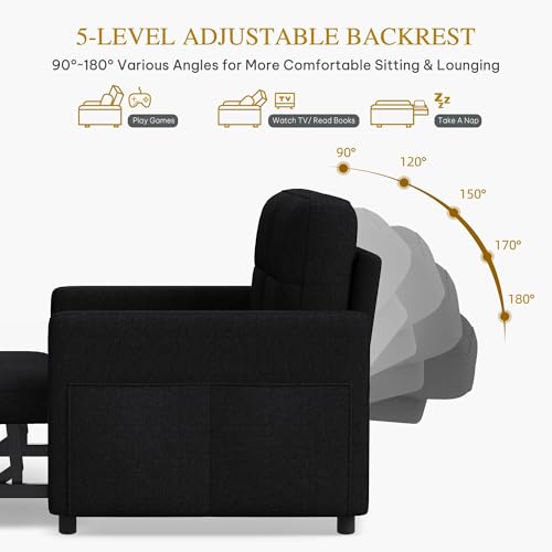 DWVO 55" Convertible Sofa Bed, 3-in-1 Sleeper Sofa with Pull-Out Bed, Linen Futon Couch with Adjustable Backrest and Side Pocket, Modern Loveseat for Living Room Apartment, Balck DWVO