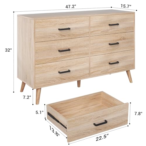 Bigbiglife Wood Dresser for Bedroom, 6 Drawer Dresser with Metal Handles, Mid Century Modern Dresser Double Chest of Drawer (Light Oak) Bigbiglife