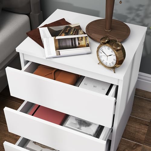 Modern Nightstand Bedside Table with 3 Drawers, End Table Sofa Side Table with Cut-Out Handle for Bedroom (1, White) Panana