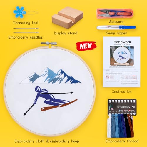 Embroidery Kit for Adult Beginners,Skiers Snow Mountain Embroidery Kit with Step-by-Step Instructions & Video,Printed Cloth,7.87" Hoop,Display Stand,Color Threads and Tools for Craft Lover(BES012)