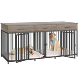 HOSTACK Double Dog Crates Furniture, 71" Wide Indoor Dog Kennel with 3 Drawers, Farmhouse Dog Cage for 2 Large/Medium Dogs, Heavy Duty Dog Crate with Removable Divider, Wooden Pet House, Ash Grey HOSTACK