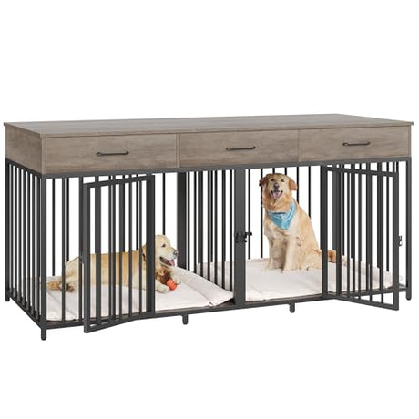 HOSTACK Double Dog Crates Furniture, 71" Wide Indoor Dog Kennel with 3 Drawers, Farmhouse Dog Cage for 2 Large/Medium Dogs, Heavy Duty Dog Crate with Removable Divider, Wooden Pet House, Ash Grey HOSTACK