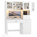 FACBOTALL Computer Desk with Hutch and RGB Lights, 65" Office Desk with Power Outlet, Makeup Vanity with 3 Doors & 3 Drawers, White Executive Desks for Home, Work and Study FACBOTALL
