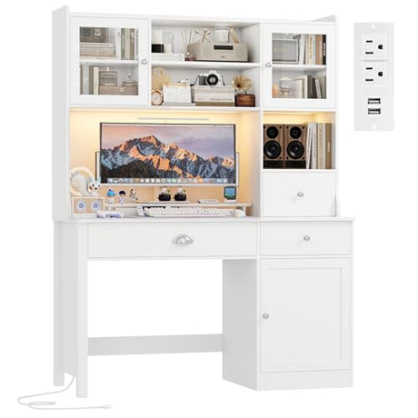FACBOTALL Computer Desk with Hutch and RGB Lights, 65" Office Desk with Power Outlet, Makeup Vanity with 3 Doors & 3 Drawers, White Executive Desks for Home, Work and Study FACBOTALL
