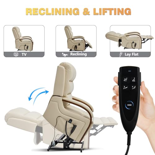 Trustyue Dual Motor Power Lift Recliner Chair, Lay Flat Recliner, Lift Chair with Massage and Heat, Standing Assistance, Infinite Position Reclining, Living Room Chair (Faux Leather Beige)