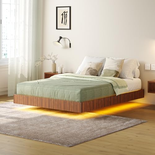 Tatub Walnut Full Floating Bed Frame with LED Lights, Fluted Mid Century Modern Floating Platform Bed with Heavy Duty Metal Slats, No Box Spring Needed Tatub