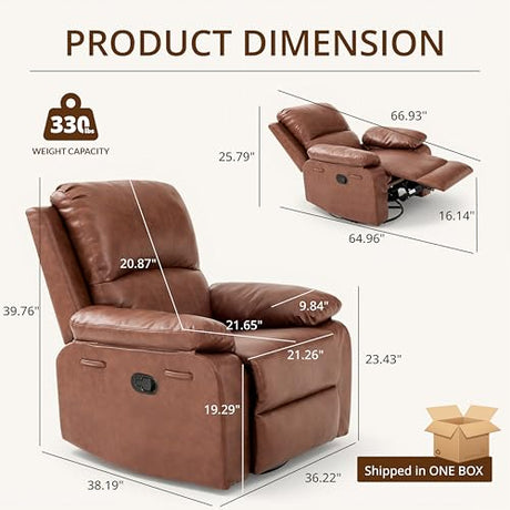 zzlay 360° Swivel Rocking Leather Recliner Chair for Adults, Overstuffed Manual Recliner with Spring Cushion, Glider Rocking Nursery Single Sofa with Side Pockets for Living Room, Camel zzlay