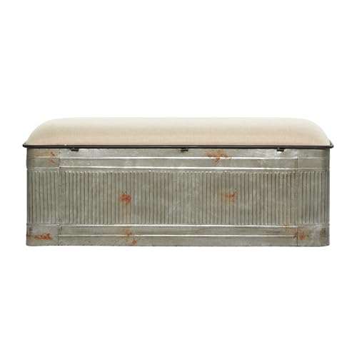 Deco 79 Metal Room Storage Bench Galvanized Entryway Bench with Cream Burlap Top, Bench 50" x 16" x 18", Gray Deco 79
