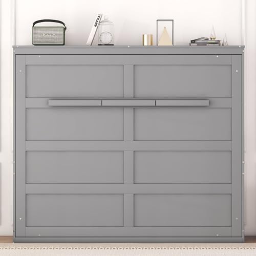 Merax Modern Farmhouse Solid Wood Murphy Cabinet Bed, No Box Spring Needed/Easy Assemble/Queen,Gray Merax