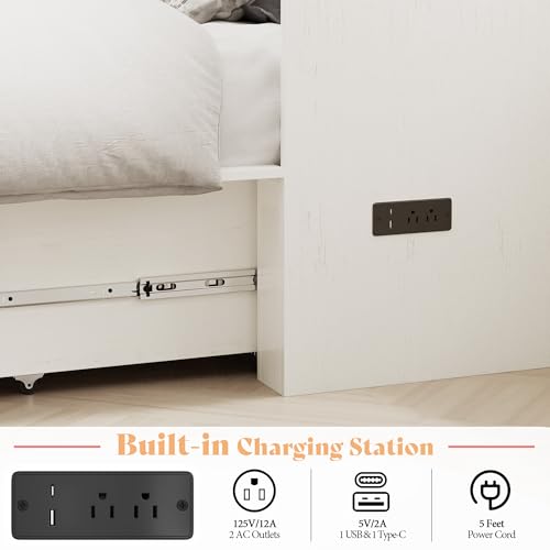 AMERLIFE Twin Murphy Bed Cabinet with Charging Station and Storage Drawer, Farmhouse Foldable Platform Bed for Home Office, Apartment, Small Spaces, Distressed White AMERLIFE