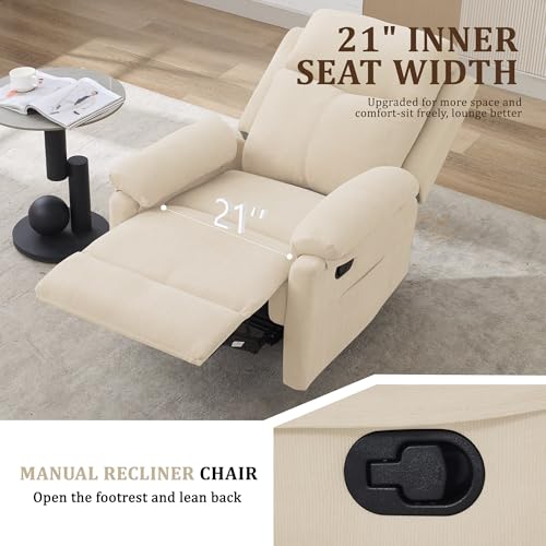 Korser Recliner Chair, Manual Recliner for Adults with Side Pocket, Small Recliners for Small Spaces, Adjustable Comfy Overstuffed Corduroy Reclining Chairs for Living Room, Reading, Bedroom, Beige