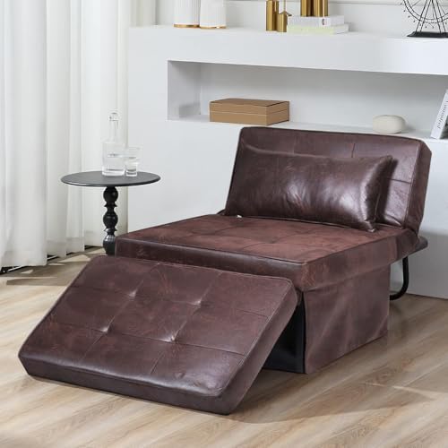 BIGSYY Sofa Bed, Set of 4 in 1 Multi-Function Folding Ottoman Breathable Linen Couch Bed with Adjustable Backrest Modern Convertible Chair for Living Room Apartment Office, PU Imitation, Brown BIGSYY
