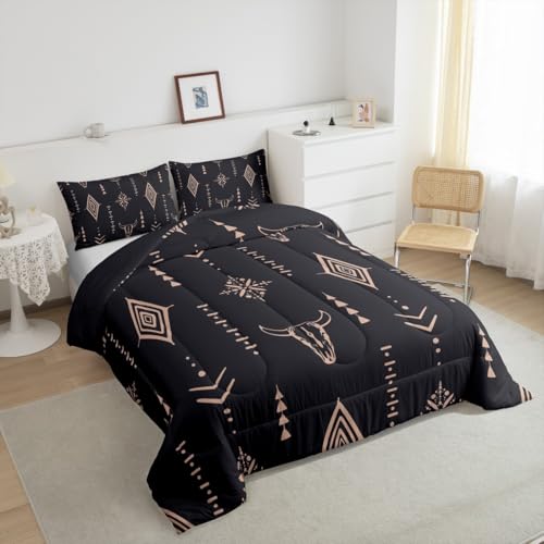 Bull Skull Comforter Set Twin Boho Bedding Ethnic Horns Bohemian Bedding Comforter Sets Black Brown Tribal Symbol Mysterious Aztec Bedroom Decor Abstract Geometric Duvet Insert for Men Boys