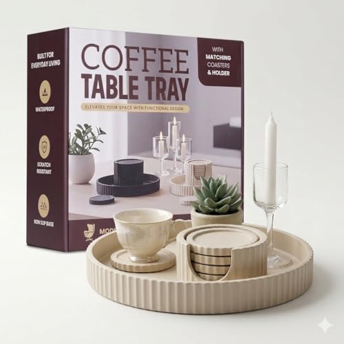 Decorative Coffee Table Ottoman Tray with Coasters | Modern Neutral Home Decor Accent | Console Table Decor | Kitchen Table Centrepiece | Luxury Apartment Decor | Decorative Centerpieces for Tables GA Collective