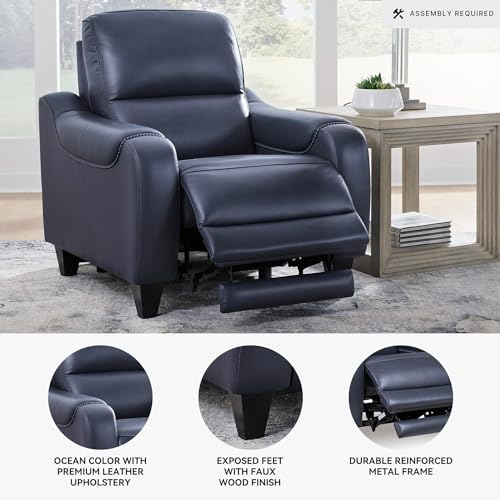 Signature Design by Ashley Mercomatic Contemporary Leather Match Wall Hugger Power Recliner with Adjustable Headrest and USB Ports, Blue Signature Design by Ashley
